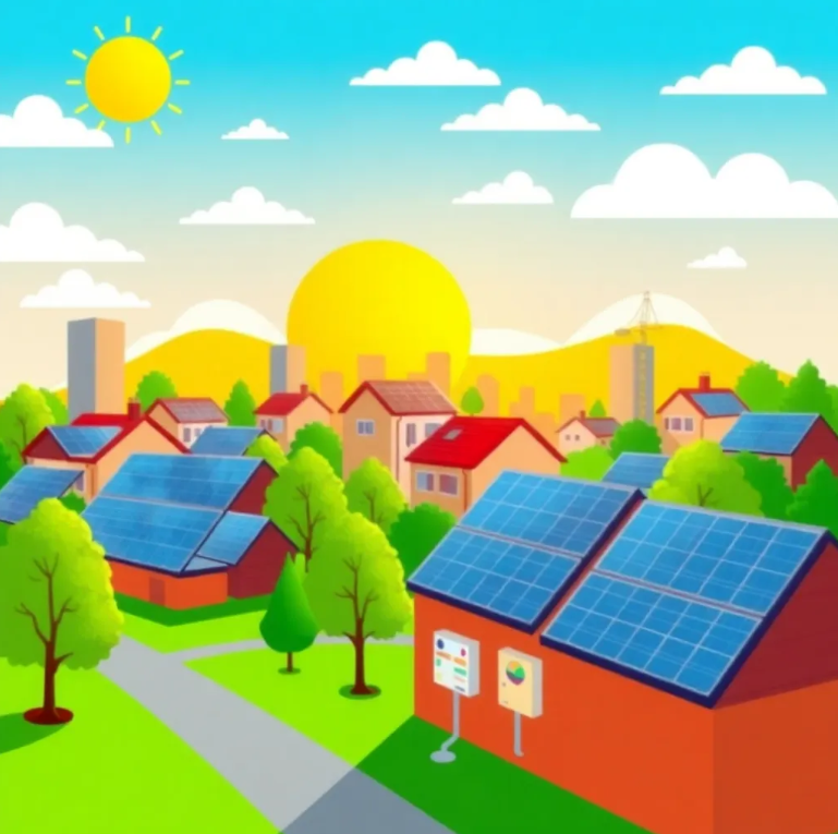 Bright colorful illustration showing a city powered by solar energy featuring solar panels, sun, trees, electric meters, and renewable energy validation checkmark